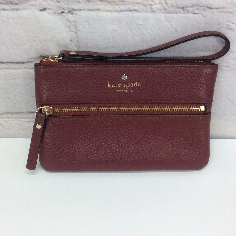 Kate Spade Pebbled Leather Wristlet Burgundy Designer Lined Zipper Clutch Wallet